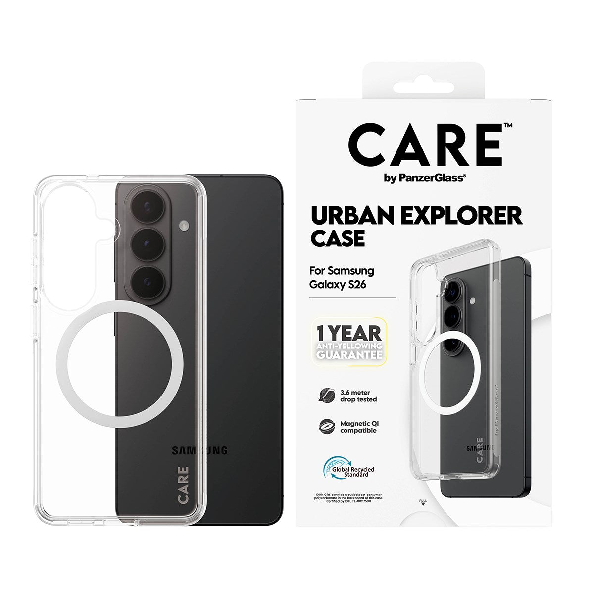 CARE™ by PanzerGlass® Urban Explorer Case Transparant m. Hvid Qi Samsung Galaxy S26